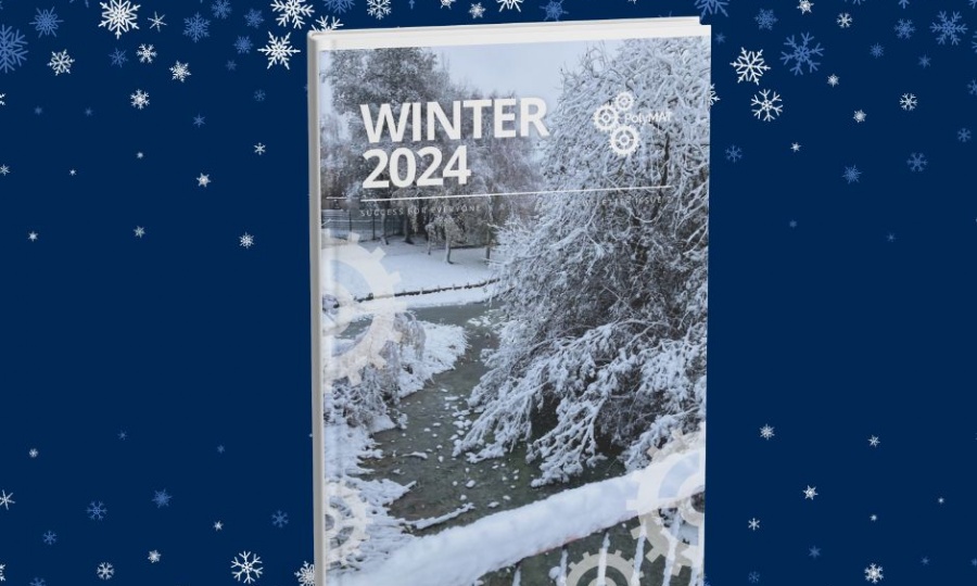 PolyMAT Front Cover of the Winter 2024 Newsletter with blue and white snowflakes